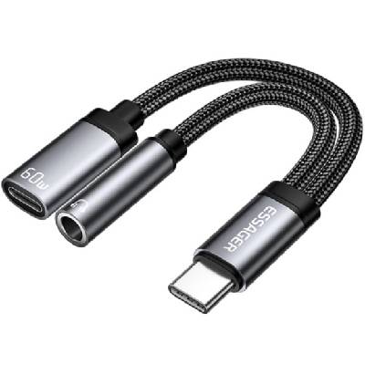 ES-YP25 2-в-1 аудио и зареждащ адаптер - 3, 5 mm жак / USB-C към USB-C - сив (87548)