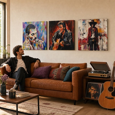 Set 3 obrazov Rock Legends — Freddie, Elvis, Hendrix - 3× 100×100 cm