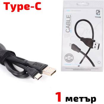 YOURZ Кабел USB TYPE C, за Трансфер на Данни и Зареждане, черен, 1 метър, YOURZ-TypeC-1-bl