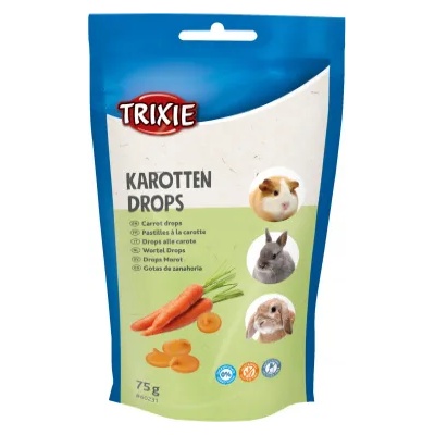 TRIXIE Carrot Drops Small Animals - Вкусно лакомство за гризачи - с моркови и витамини, 75 гр