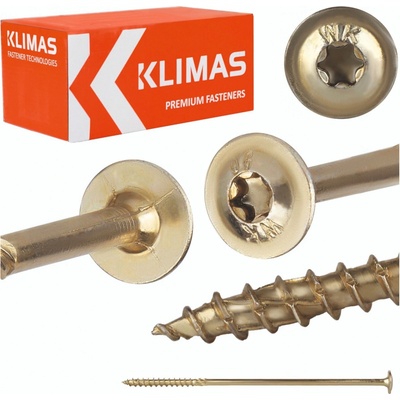 Konstrukční vrut do dřeva KLIMAS 10x280 TORX talířová hlava TX40 žlutý Zn (25 ks v balení)