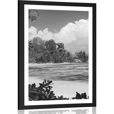Plakát s paspartou nádherná pláž na ostrově La Digue v černobílém provedení - 30x45 white