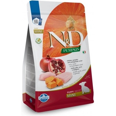 N&d grain free pumpkin chicken & pomegranate puppy mini - пълноценна суха храна без зърнени култури за подрастващи кученца от дребни породи, с пилешко, тиква и нар - 0, 800 кг pnd0080070