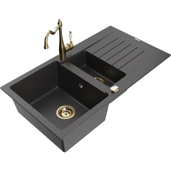 Mexen Matias гранитна мивка 1, 5-камерна с отцеждащо отделение и кухненски смесител Carla, черен на точки - 6502-76-670700-50 (6502-76-670700-50)