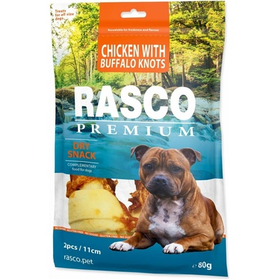 Rasco Premium byvolia koža obalená kuracím mäsom uzly 11 cm 80 g