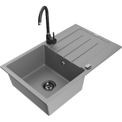 Mexen Bruno гранитна мивка с 1 отделение с отцеждач и кухненски батерия Telma, сива - 6513-71-670200-70-B (6513-71-670200-70-B)