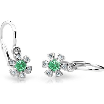 Danfil dětské náušnice kytičky C2156 z bílého zlata s kamínkem Emerald Green zapínání brizura