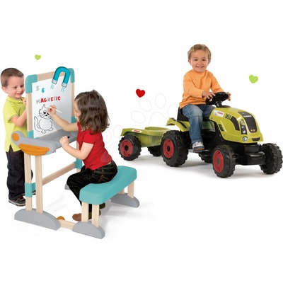 Smoby set traktor Claas Farmer XL na šlapání s přívěsem a dřevěná školní lavice Modulo Space