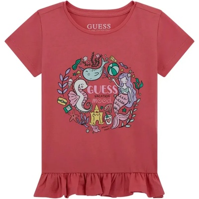 GUESS Коралова тениска за мини момиче с цветни апликации и къдрички Guess