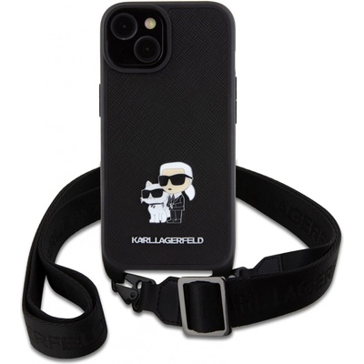 Karl Lagerfeld Guess Ochranné s crossbody popruhem iPhone 15 PLUS Saffiano Metal Karl and Choupette černé