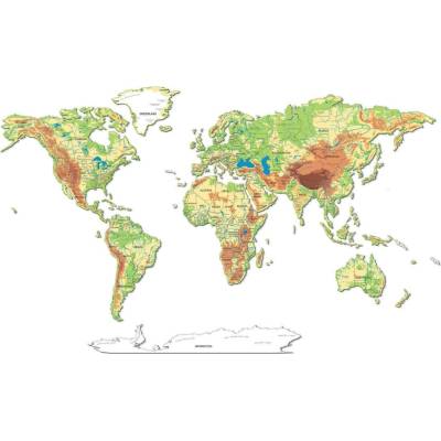 Plnobarevná 3D dřevěná mapa světa XXL - 250 cm, 2D Fyzická mapa