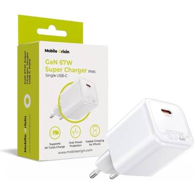 Mobile Origin Захранване за ел. мрежа за лаптопи, смартфони и таблети с USB-C изход с технология за бързо зареждане - Mobile Origin PW6 PD GaN Super Wall Charger 67W USB-C (бял) (MO-67W-PW6)