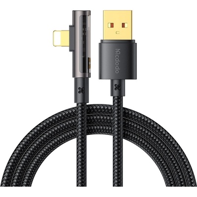 Mcdodo Кабел за данни - Mcdodo (CA-3510) - USB-A → Lightning, 90° дизайн, 3A, прозрачен дизайн, 1.2m - Черен