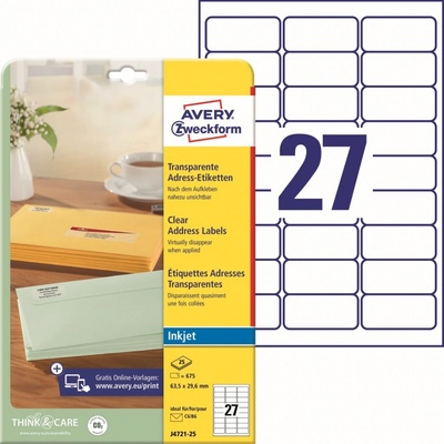 Avery Zweckform J4721-25 Transparentní etikety pro Inkjet 63,5x29,6mm 675 ks mléčná