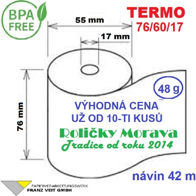 Termo kotouček 76/60/17 BPA 42m (76mm x 42m) Množství: 10 ks kotoučků ve fólii