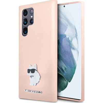 Karl Lagerfeld Silicone Samsung Galaxy S23 Ultra Růžový Choupette kovový odznak KLHCS23LSMHCNPP
