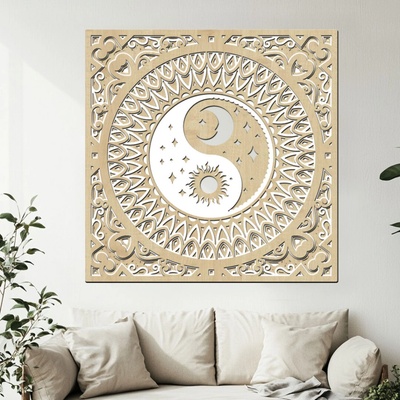 dřevo života Dřevěná 5 vrstvá mandala YIN YANG Zvolte rozměr šxv (cm): 60, Zvolte barevný dekor: javor-bila