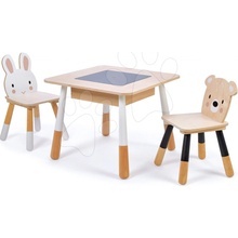 Tender Leaf Toys drevený detský nábytok Forest table and Chairs stôl s úložným priestorom a dve stoličky medveď a zajac