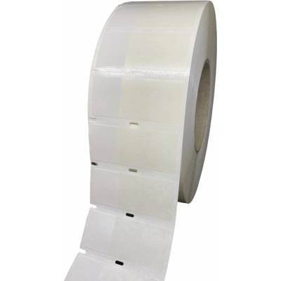 Plastová Etiketa 57 mm x 25 mm, 1 - Produkcia, Polyvinylchlorid Outdoor, Samolaminovacia, Transparentná a biela, Dutinka 76 mm, 3000 ks/kotúč, Silné lepidlo