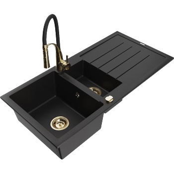 Mexen Andres гранитна мивка 1, 5-коморова с канал и кухненски смесител Aster, черен - 6515-77-73450-57-G (6515-77-73450-57-G)