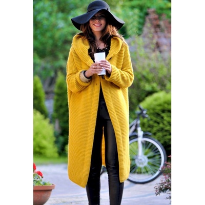 Fashionweek Dámsky exclusive elegantný farebný sveter kabát s kapucňou HONEY horčicovú