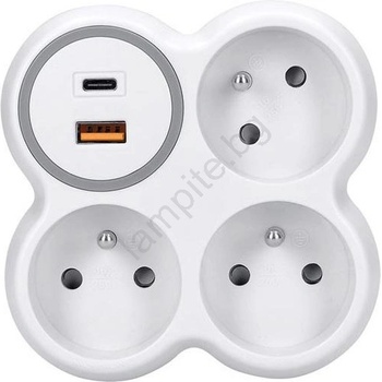 Solight P106C-PD20 - Разклонител 3x 16A + бързо USB зарядно A+C 20W (SL1744)