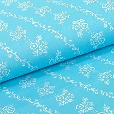 Bavlněné plátno P0450 aqua, bílý květinový motiv, š.140