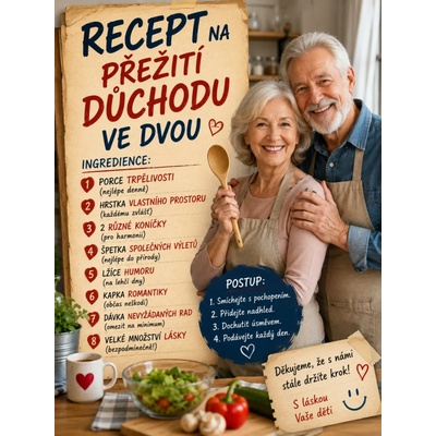 Bezvadary.cz | Originální dárek k odchodu do důchodu pro pár s vlastní fotkou – recept na přežití důchodu ve dvou - A4 (30x21cm) recept 50