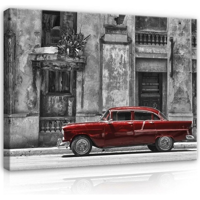 Postershop Obraz na plátně: Kubánská ulice červnené auto - 100x75 cm