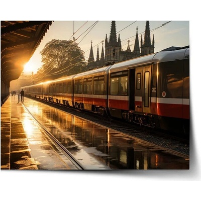 Sablio Plagát Vlak na stanici pri východe slnka - 60x40 cm