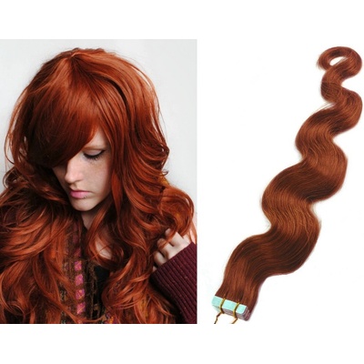 Vlasy pro metodu Pu Extension / TapeX / Tape Hair / Tape IN 60cm vlnité - medená