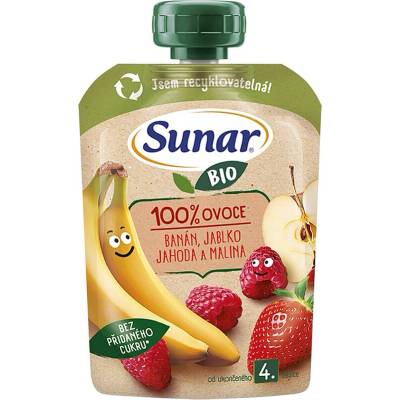 SUNAR Ovocná kapsička banán jablko jahoda malina 4m+ BIO 100 g