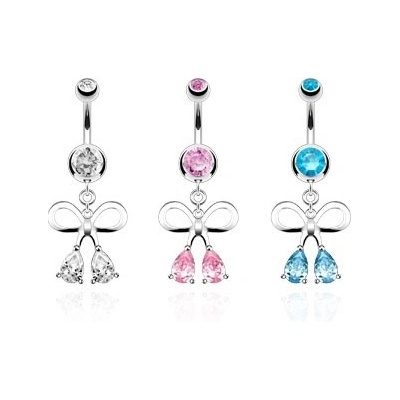 Šperky eshop ocelový piercing do pupíku stříbrná kontura mašle zirkonové kapky SP46.29 aqua modrá Q