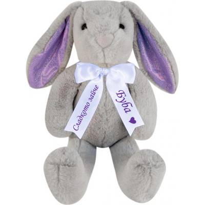 Плюшен заек с дълги уши и надписана панделка, сив, 40 см (46528-Н)