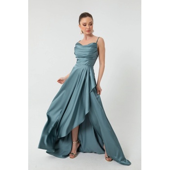 Lafaba Women's Petrol Evening & Prom Dress with a slit in Satin