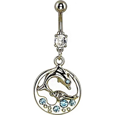 Šperky eshop piercing do břicha delfín ve vlnách modré kamínky W02.26