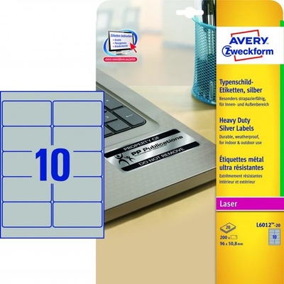 Etikety polyesterové 96x50,8mm Avery A4 strieborné 20 hárkov