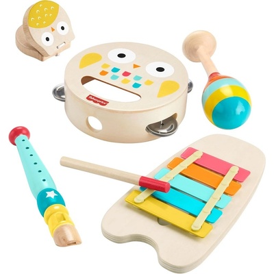 Fisher Price Dřevěné hudební nástroje Flétna xylofon tamburína kastaněty maracas HXT90