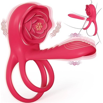 SuperLove Vibrating Cock Ring Sleeve with Rose Clitoral Stimulator Red