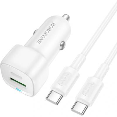 BOROFONE Зарядно за автомобил - Borofone (BZ34B Cloud) - включен Type-C кабел, USB-C + USB-A, PD20W, QC3.0, 38W - Бял