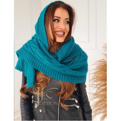 Fashionweek pletená exkluzivní čepice ala kapuce se šálou 2v1 Cleo Tyrkysový
