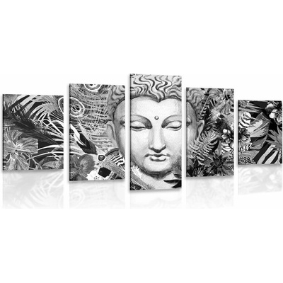 5-dílný obraz Buddha na exotickém pozadí v černobílém provedení - 100x50