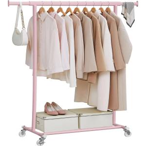 SONGMICS Clothes Rack on Wheels, Heavy Duty Coat Rack, Extendable Clothes Rail, Holds up to 100kg, Easy Assembly, Portable, Pastel Pink HSR013R01 - UHSR013G01 (777HSR013R01)