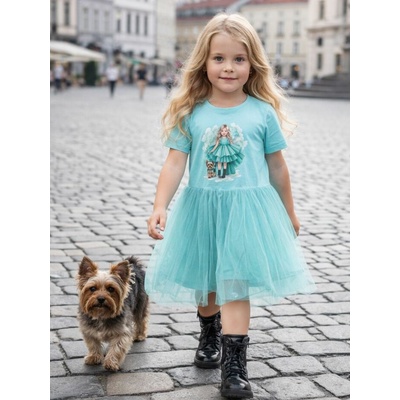 Dievčenské šaty tyl GIRL IN TURQUOISE s krátkym rukávom tyrkysová
