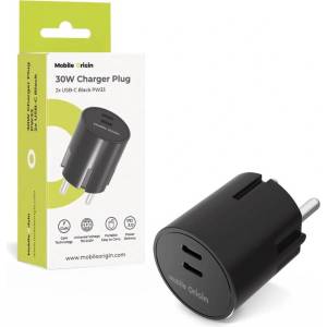 Mobile Origin Захранване за ел. мрежа с 2xUSB-C изхода и с технология за бързо зареждане - Mobile Origin PW33 GaN Dual PD Fast Wall Charger 30W (черен) (MO-PW33-BLK)