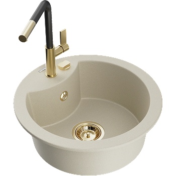 Mexen Diego гранитна мивка с 1 камера с кухненски смесител Flora, бежов - 6512-69-670401-57-G (6512-69-670401-57-G)