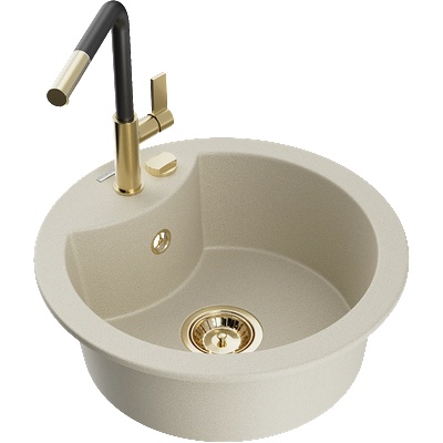 Mexen Diego гранитна мивка с 1 камера с кухненски смесител Flora, бежов - 6512-69-670401-57-G (6512-69-670401-57-G)