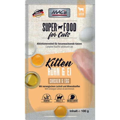 MAC's Super Food For Cats - Премиум пауч за подрастващи котки, без зърно, с пилешко месо и яйца, 100 гр