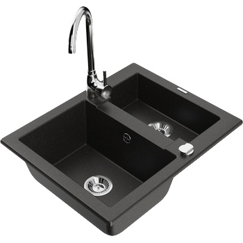 Mexen Carlos гранитна кухненска мивка с 1, 5 камери и кухненски смесител Telma, черен/златен металик - 6518-75-670200-00 (6518-75-670200-00)