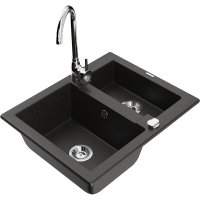 Mexen Carlos гранитна кухненска мивка с 1, 5 камери и кухненски смесител Telma, черен/златен металик - 6518-75-670200-00 (6518-75-670200-00)